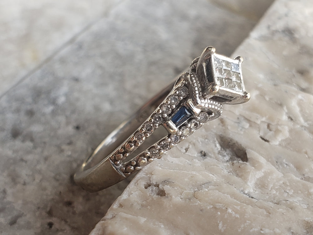 Illusion Set Diamond Engagement Ring / Sapphire and Diamond Ring