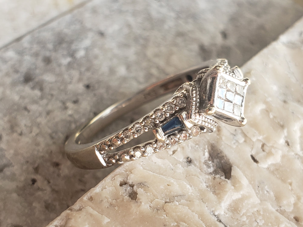 Illusion Set Diamond Engagement Ring / Sapphire and Diamond Ring