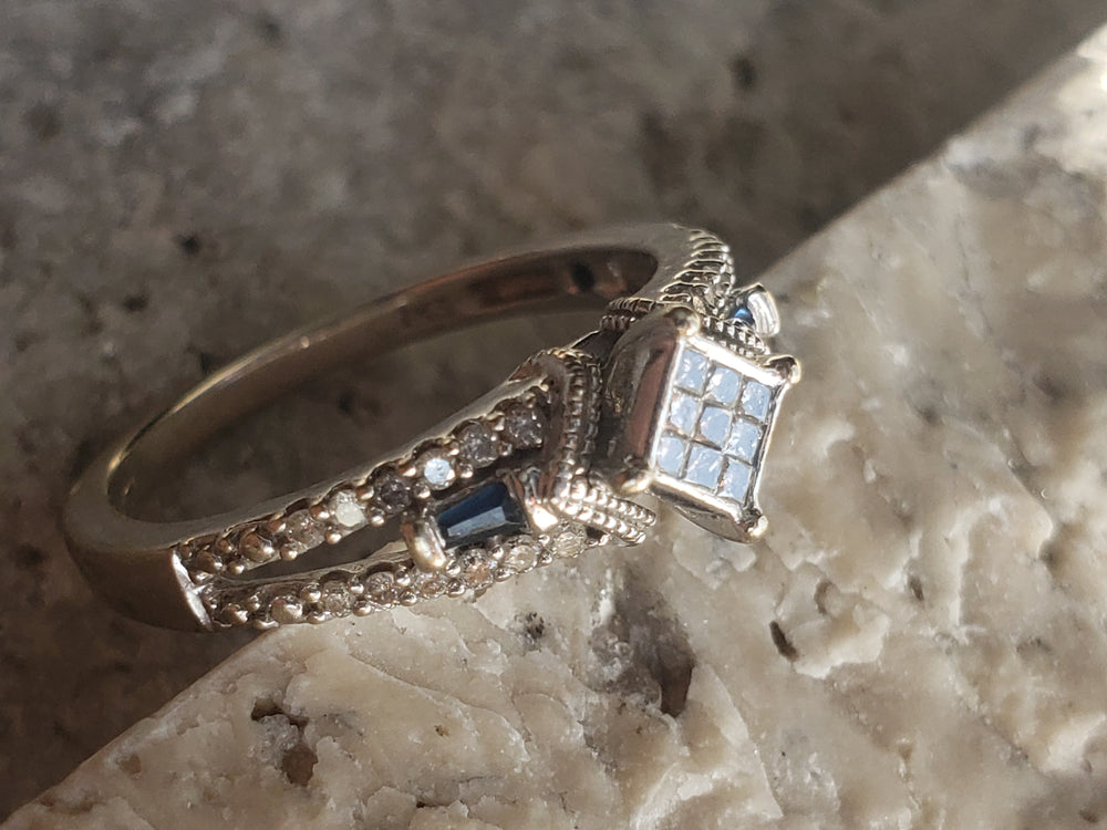 Illusion Set Diamond Engagement Ring / Sapphire and Diamond Ring