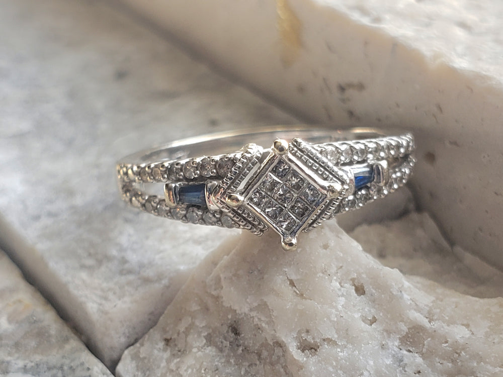 Illusion Set Diamond Engagement Ring / Sapphire and Diamond Ring