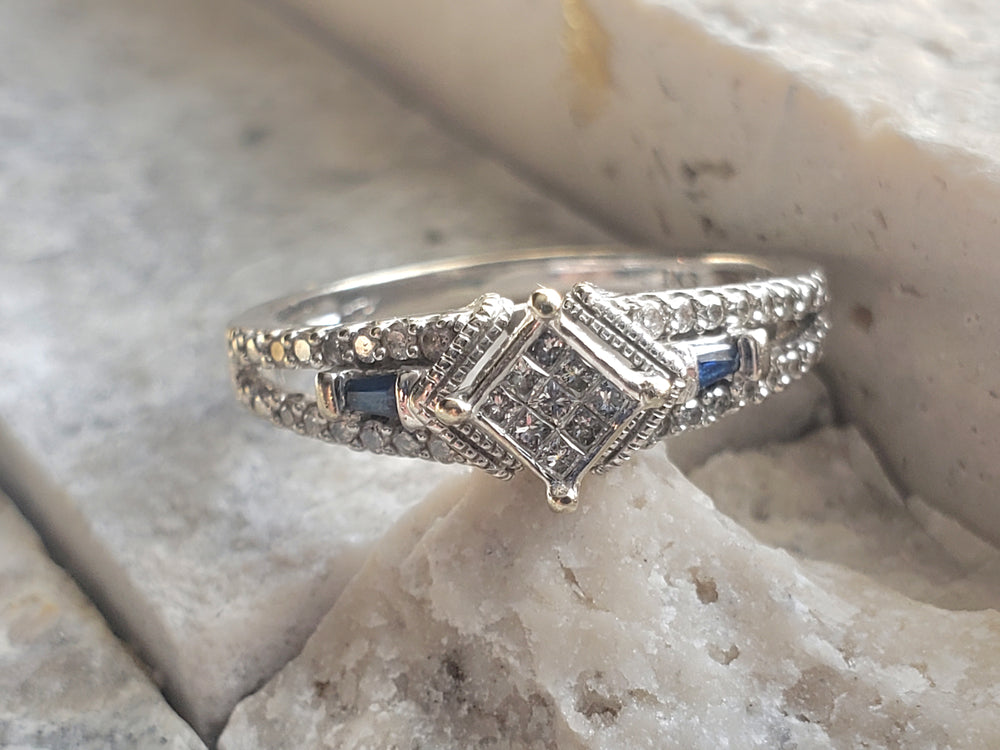 Illusion Set Diamond Engagement Ring / Sapphire and Diamond Ring