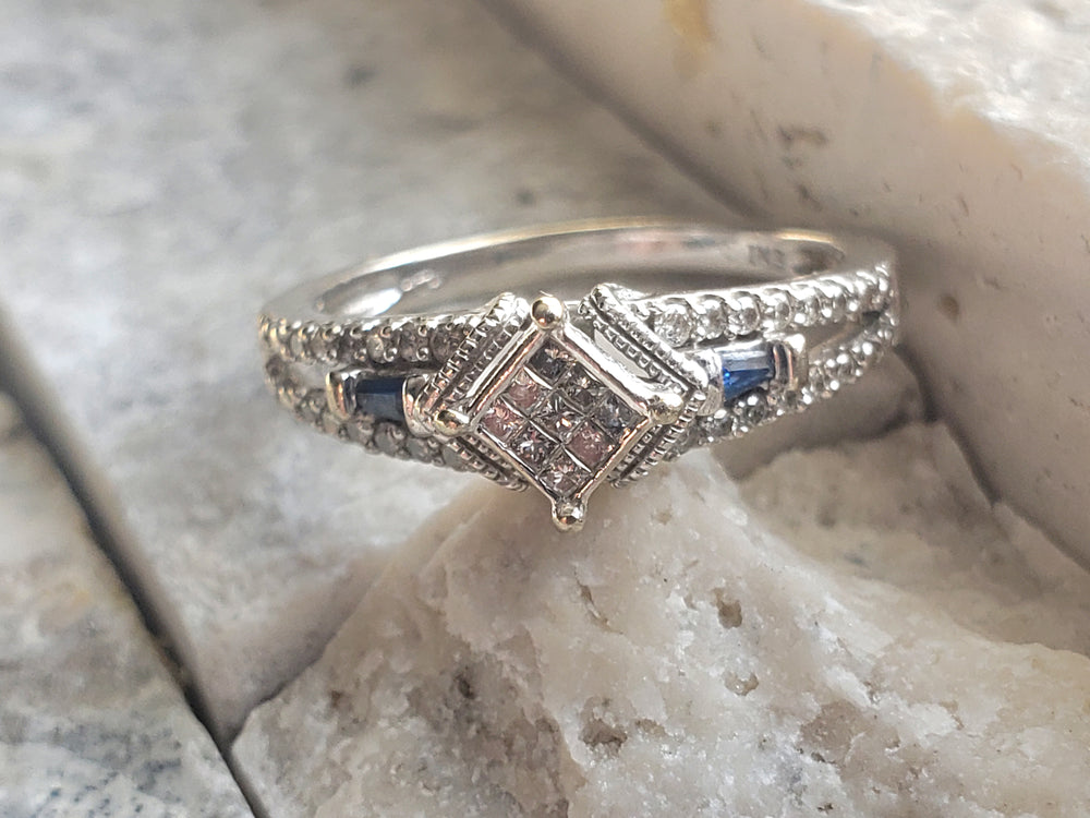 Illusion Set Diamond Engagement Ring / Sapphire and Diamond Ring