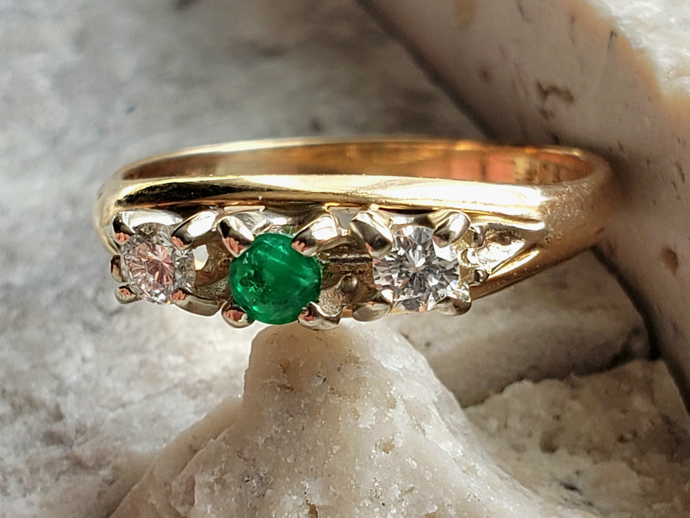 Birks Emerald Ring / May Birthstone Ring / Emerald and Diamond Three Stone Ring