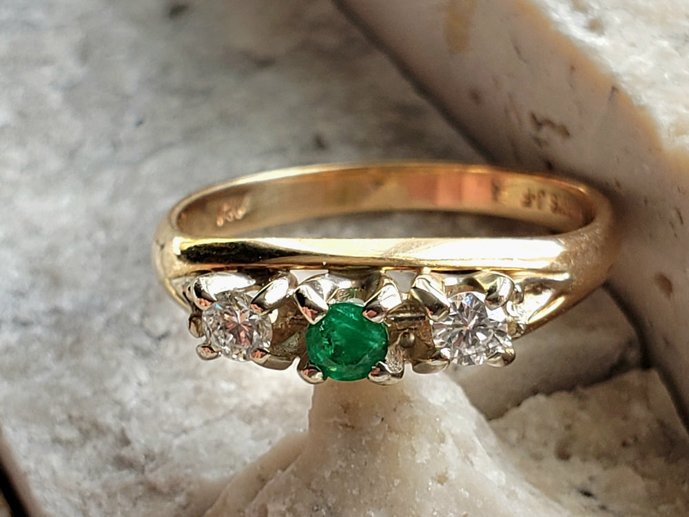 Birks Emerald Ring / May Birthstone Ring / Emerald and Diamond Three Stone Ring