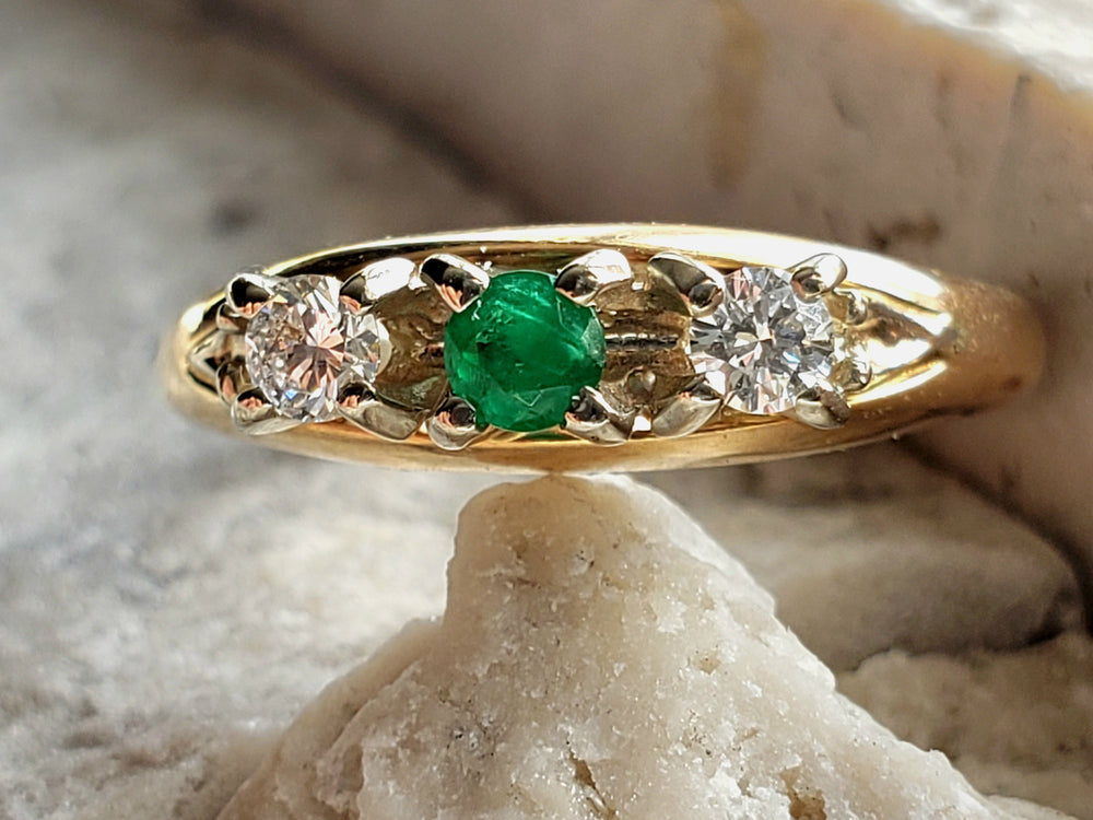 Birks Emerald Ring / May Birthstone Ring / Emerald and Diamond Three Stone Ring