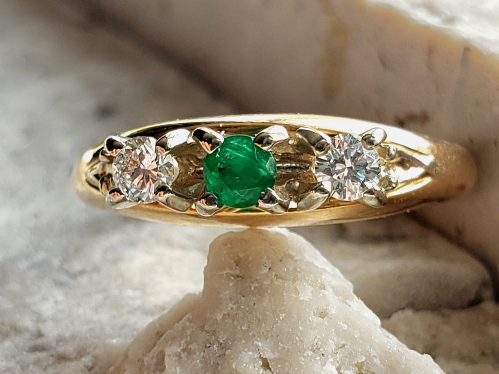 Birks Emerald Ring / May Birthstone Ring / Emerald and Diamond Three Stone Ring