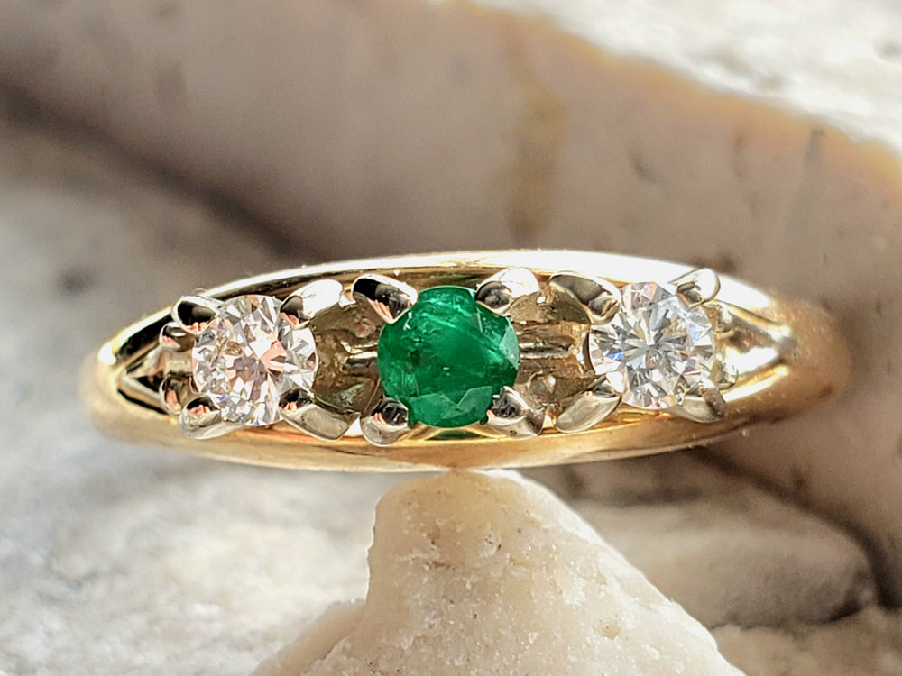 Birks Emerald Ring / May Birthstone Ring / Emerald and Diamond Three Stone Ring