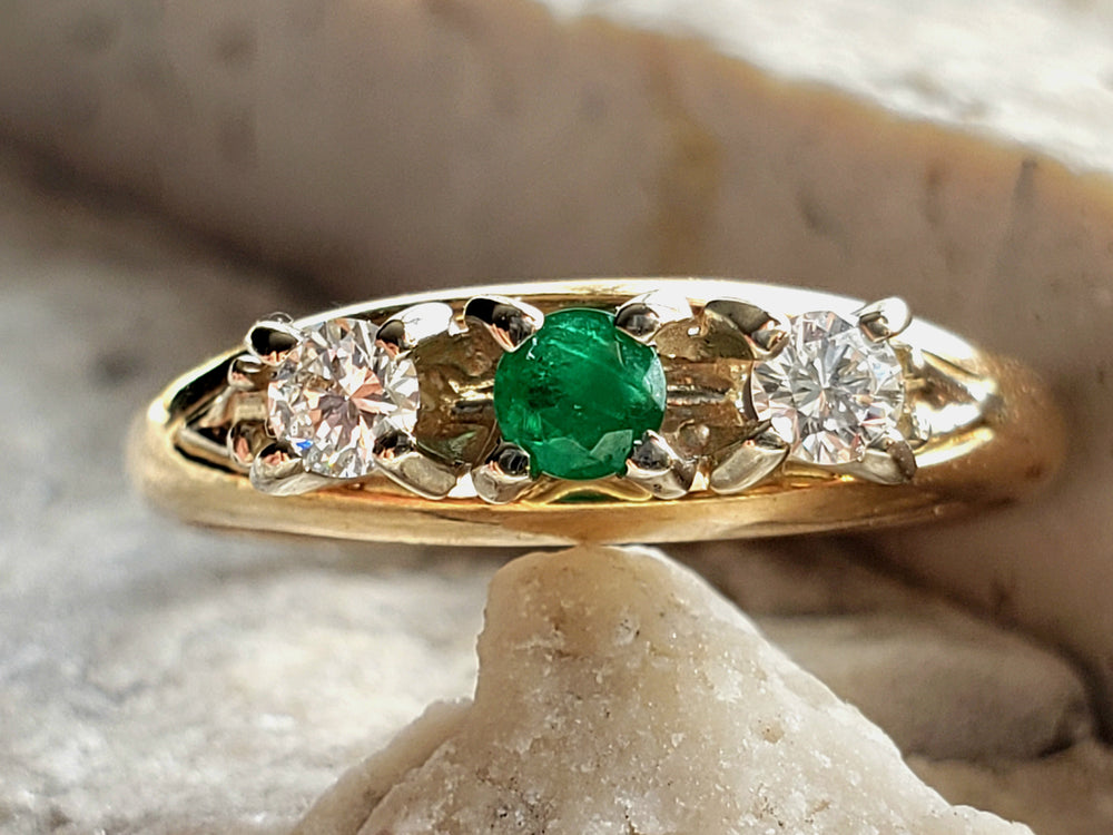 Birks Emerald Ring / May Birthstone Ring / Emerald and Diamond Three Stone Ring