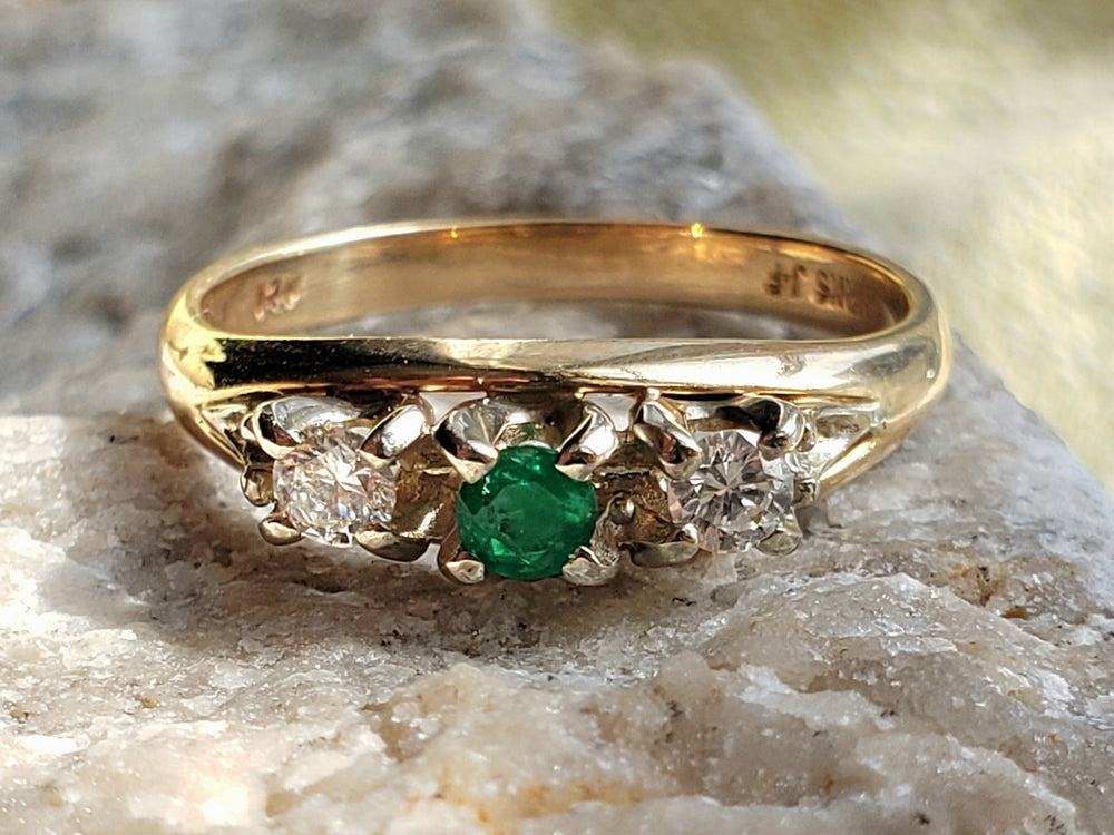 Birks Emerald Ring / May Birthstone Ring / Emerald and Diamond Three Stone Ring