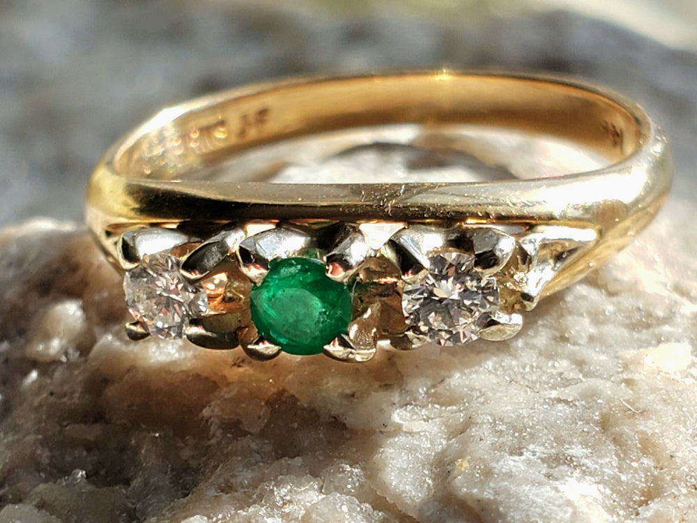 Birks Emerald Ring / May Birthstone Ring / Emerald and Diamond Three Stone Ring