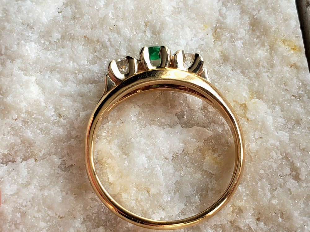 Birks Emerald Ring / May Birthstone Ring / Emerald and Diamond Three Stone Ring