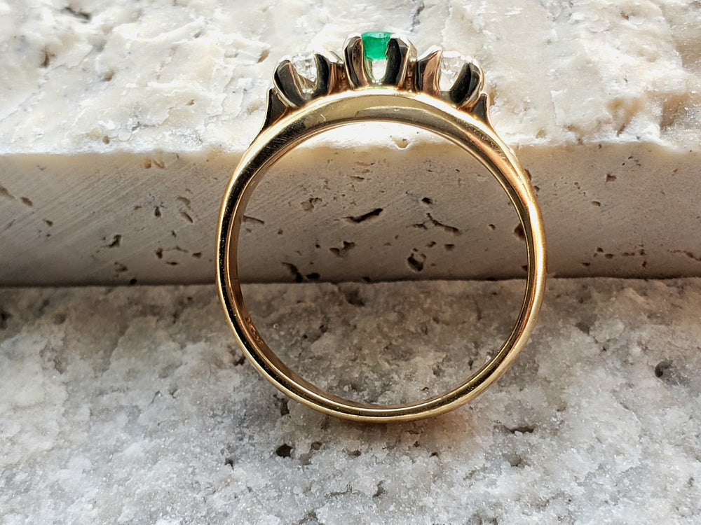 Birks Emerald Ring / May Birthstone Ring / Emerald and Diamond Three Stone Ring