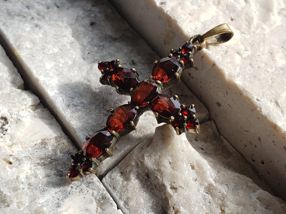 Garnet Cross Necklaces / Bohemian Garnet Cross /Vermeil Rosecut Garnet Cross