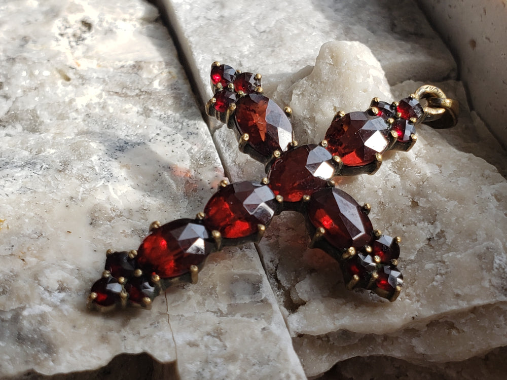 Garnet Cross Necklaces / Bohemian Garnet Cross /Vermeil Rosecut Garnet Cross