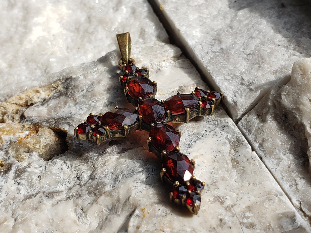 Garnet Cross Necklaces / Bohemian Garnet Cross /Vermeil Rosecut Garnet Cross