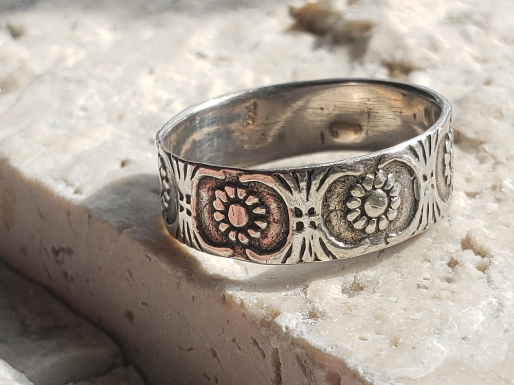 Silver patterned band / Daisy  floral band / Silver Wide Band