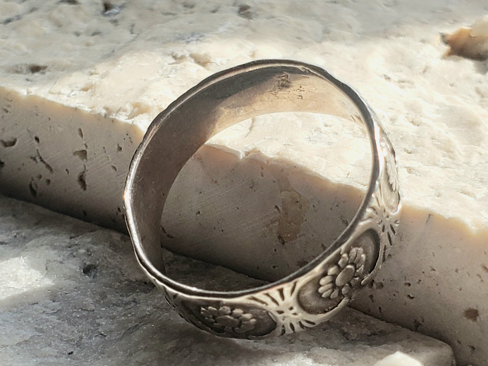 Silver patterned band / Daisy  floral band / Silver Wide Band