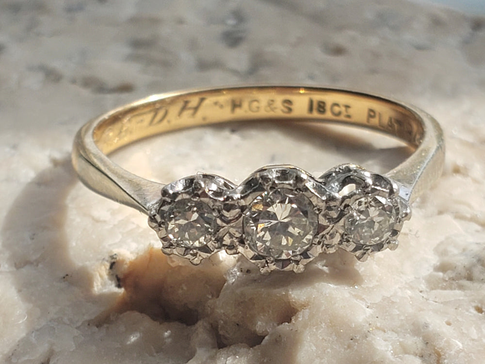 Three Stone Art Deco Engagement Ring / Circa 1938 Diamond Ring
