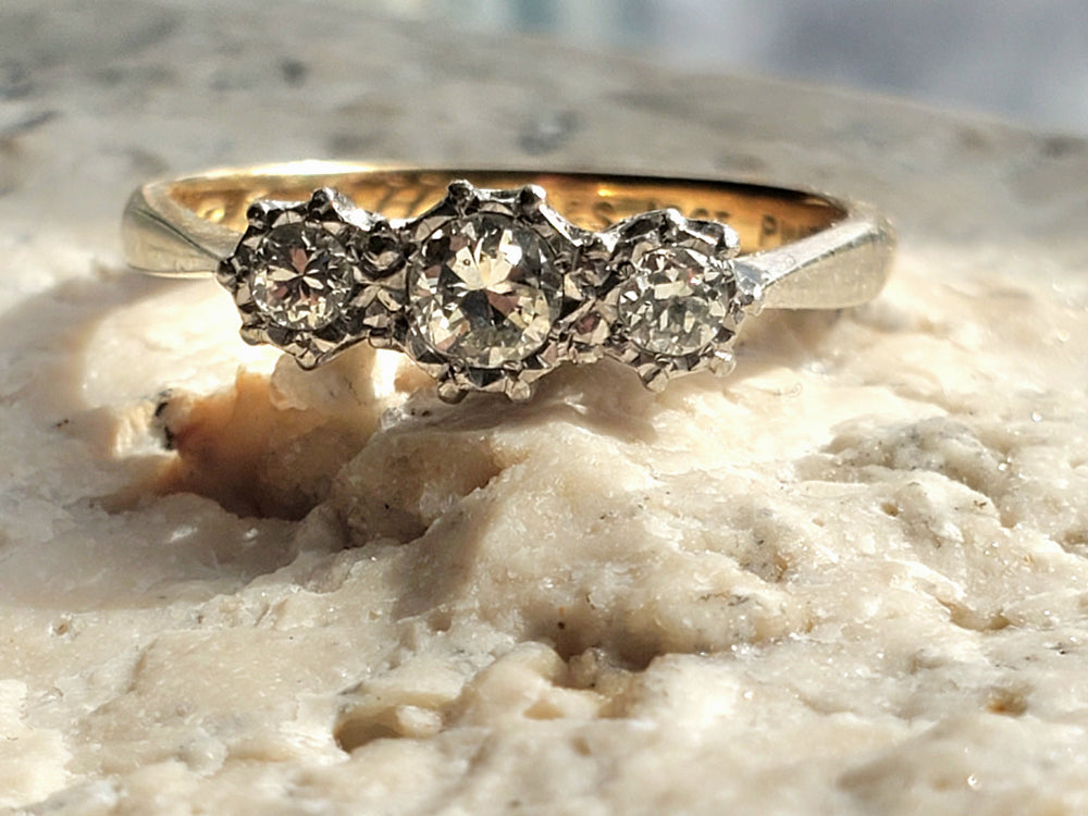 Three Stone Art Deco Engagement Ring / Circa 1938 Diamond Ring