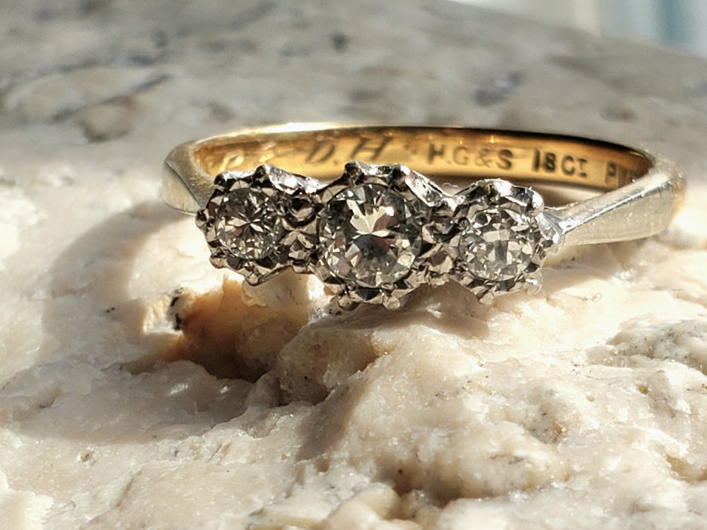 Three Stone Art Deco Engagement Ring / Circa 1938 Diamond Ring