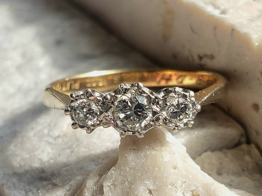 Three Stone Art Deco Engagement Ring / Circa 1938 Diamond Ring