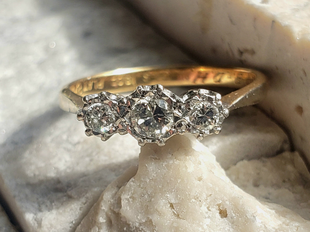 Three Stone Art Deco Engagement Ring / Circa 1938 Diamond Ring