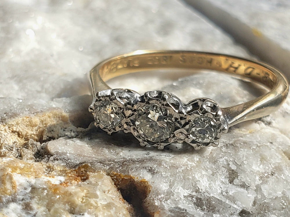 Three Stone Art Deco Engagement Ring / Circa 1938 Diamond Ring