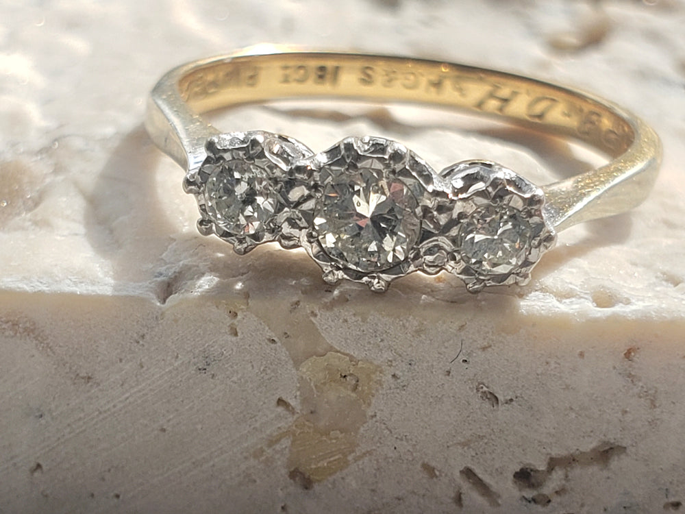 Three Stone Art Deco Engagement Ring / Circa 1938 Diamond Ring