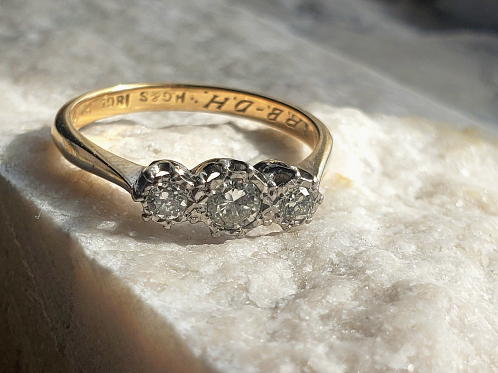 Three Stone Art Deco Engagement Ring / Circa 1938 Diamond Ring