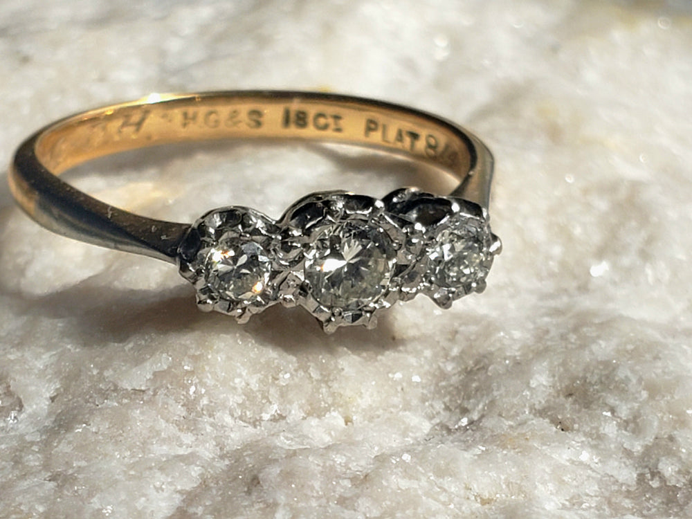 Three Stone Art Deco Engagement Ring / Circa 1938 Diamond Ring