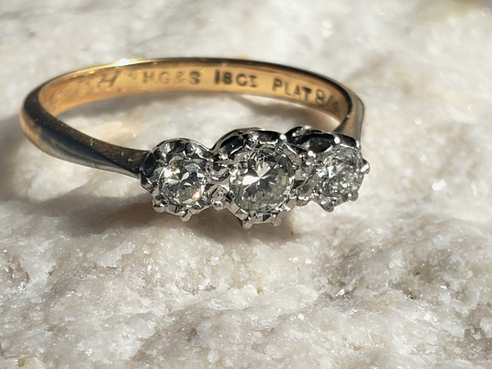 Three Stone Art Deco Engagement Ring / Circa 1938 Diamond Ring