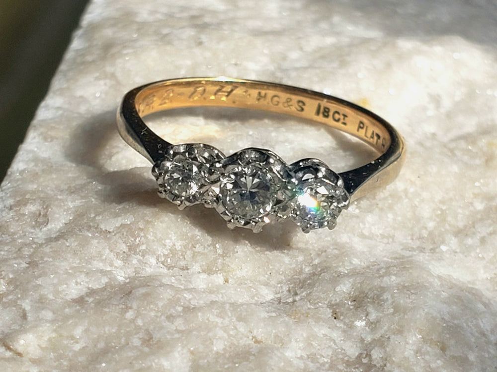Three Stone Art Deco Engagement Ring / Circa 1938 Diamond Ring