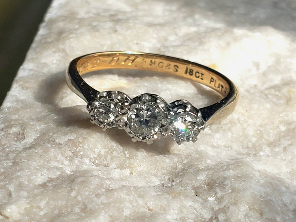 Three Stone Art Deco Engagement Ring / Circa 1938 Diamond Ring