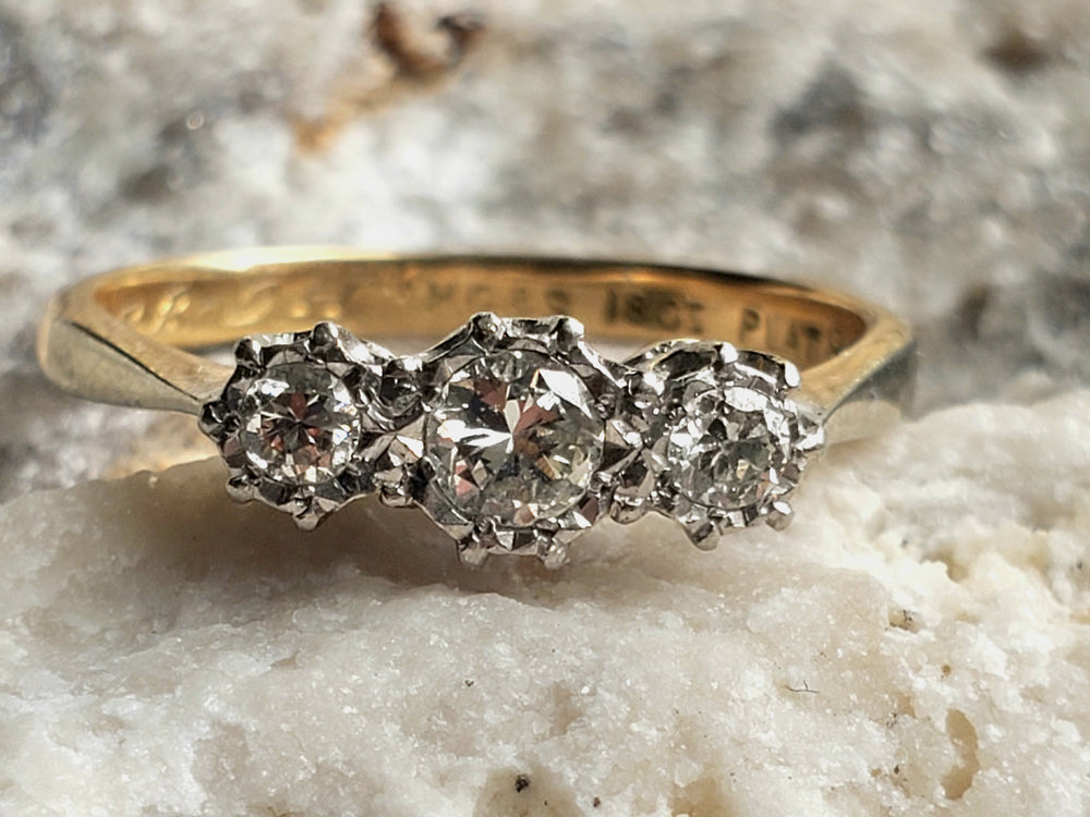 Three Stone Art Deco Engagement Ring / Circa 1938 Diamond Ring