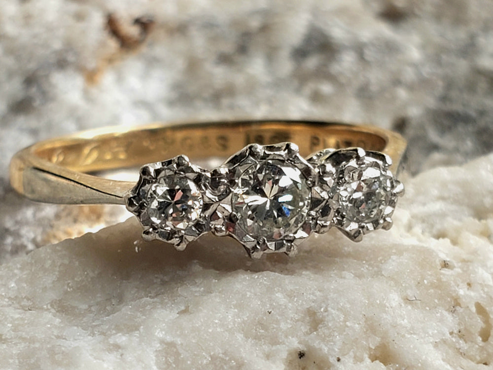 Three Stone Art Deco Engagement Ring / Circa 1938 Diamond Ring