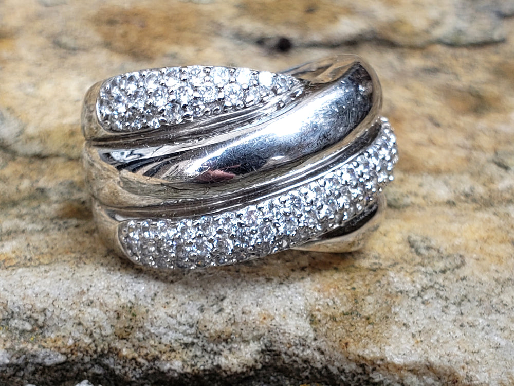Modern Multi-Band Crossover Ring - Sterling Silver and Cubic Zirconia Shimmering Pave Stones