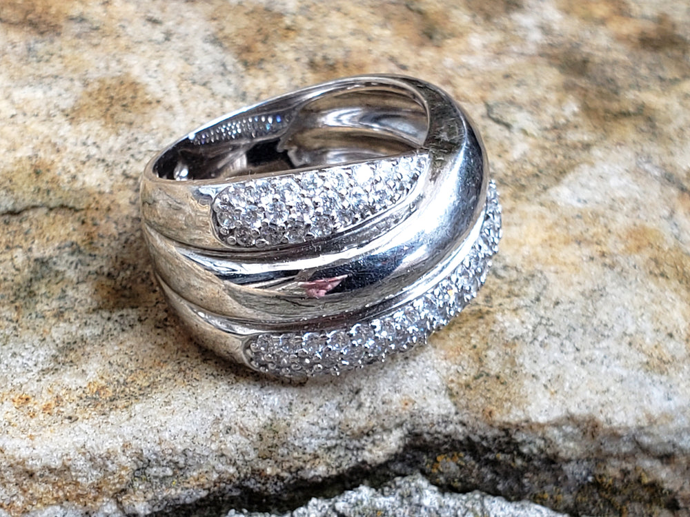 Modern Multi-Band Crossover Ring - Sterling Silver and Cubic Zirconia Shimmering Pave Stones