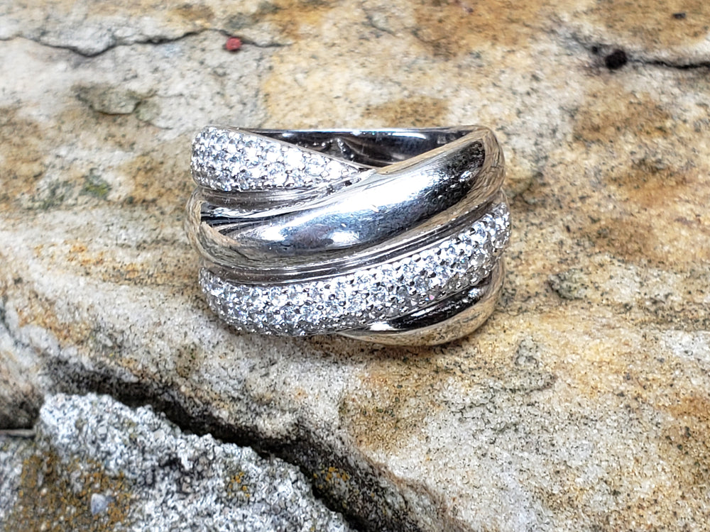 Modern Multi-Band Crossover Ring - Sterling Silver and Cubic Zirconia Shimmering Pave Stones