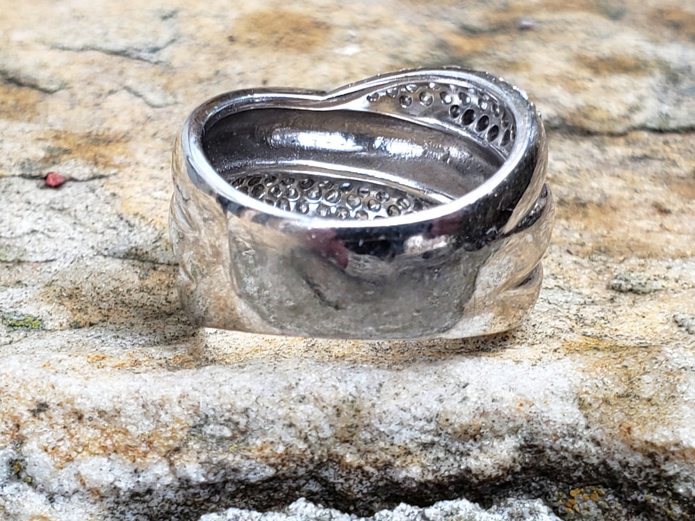 Modern Multi-Band Crossover Ring - Sterling Silver and Cubic Zirconia Shimmering Pave Stones
