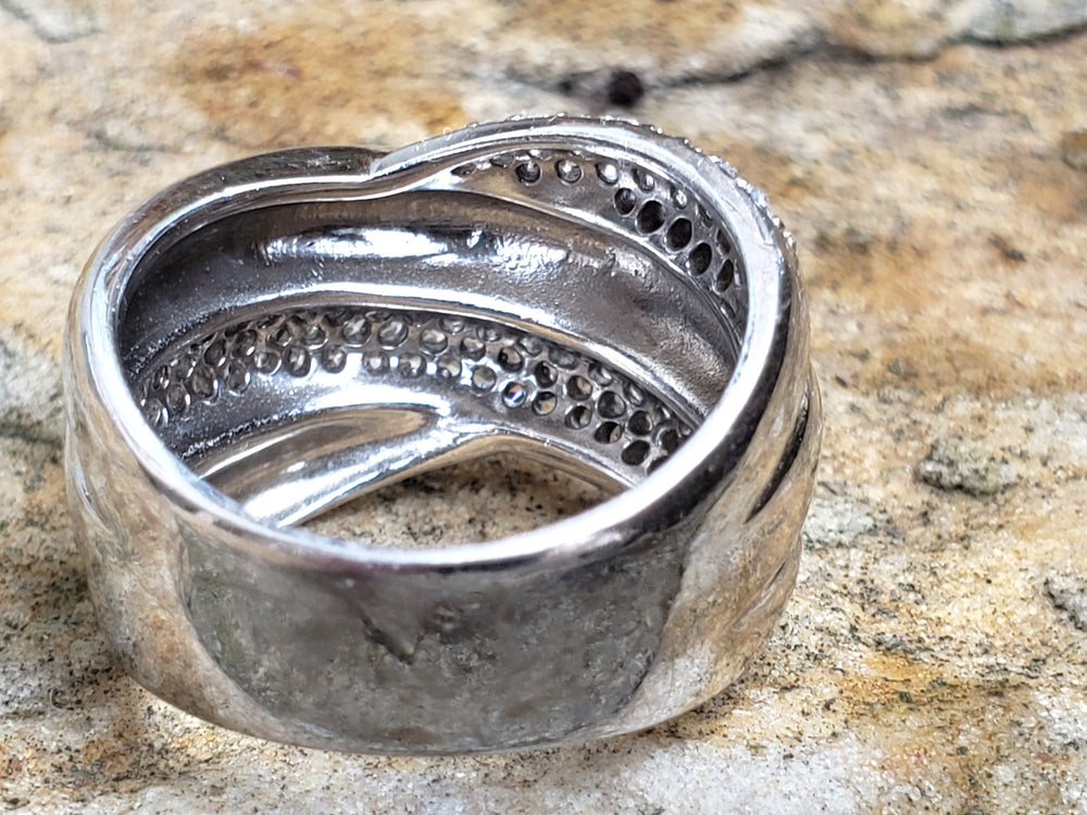 Modern Multi-Band Crossover Ring - Sterling Silver and Cubic Zirconia Shimmering Pave Stones