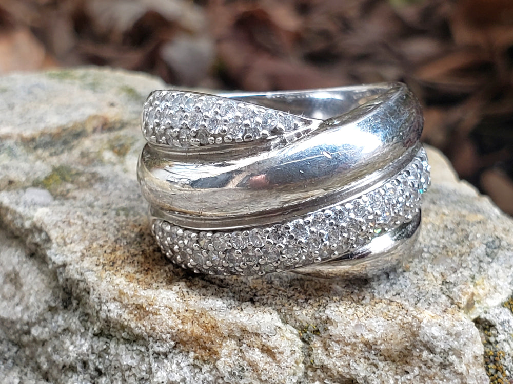 Modern Multi-Band Crossover Ring - Sterling Silver and Cubic Zirconia Shimmering Pave Stones