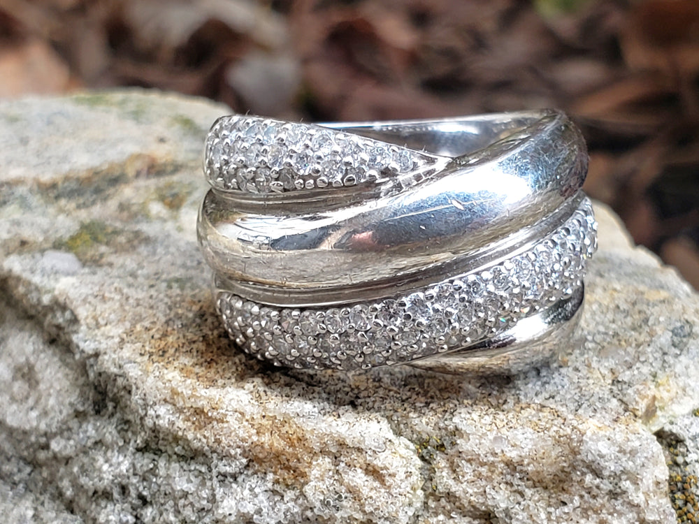 Modern Multi-Band Crossover Ring - Sterling Silver and Cubic Zirconia Shimmering Pave Stones