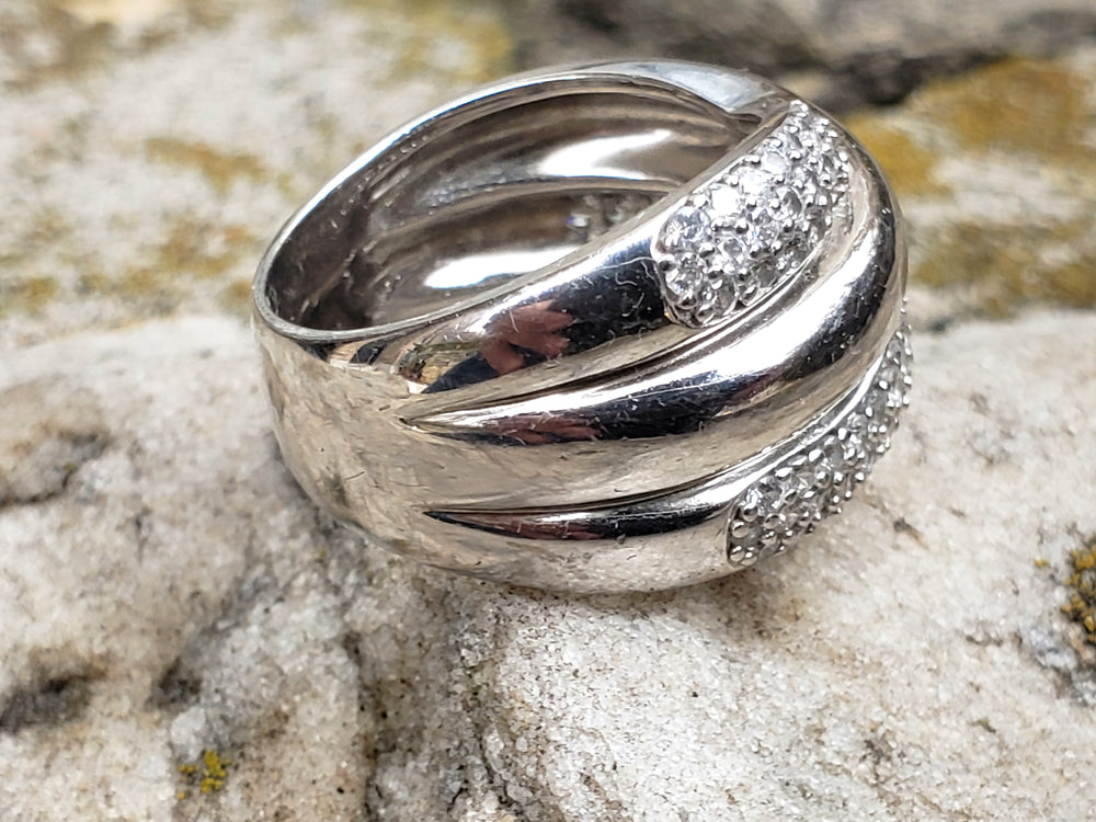 Modern Multi-Band Crossover Ring - Sterling Silver and Cubic Zirconia Shimmering Pave Stones