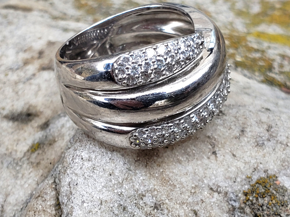 Modern Multi-Band Crossover Ring - Sterling Silver and Cubic Zirconia Shimmering Pave Stones