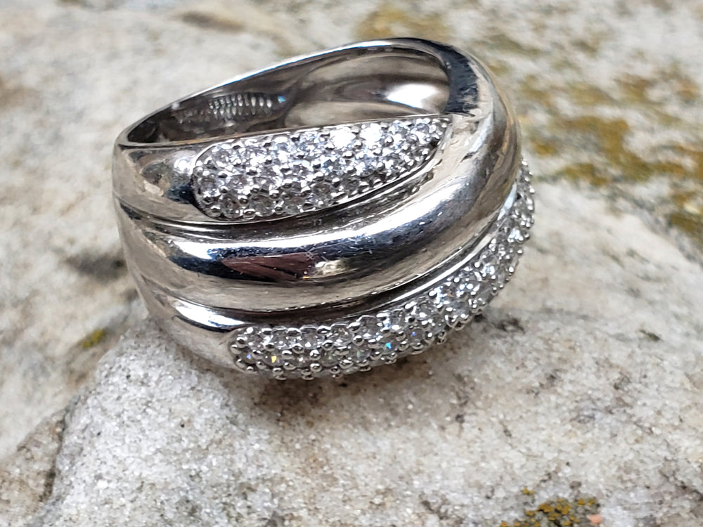 Modern Multi-Band Crossover Ring - Sterling Silver and Cubic Zirconia Shimmering Pave Stones