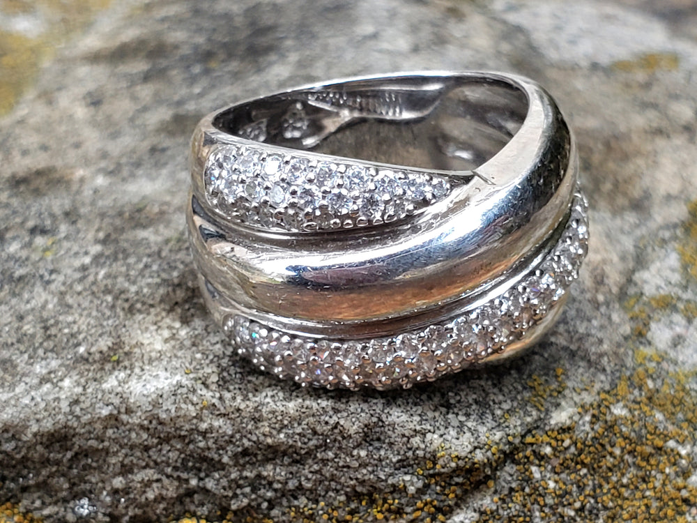 Modern Multi-Band Crossover Ring - Sterling Silver and Cubic Zirconia Shimmering Pave Stones