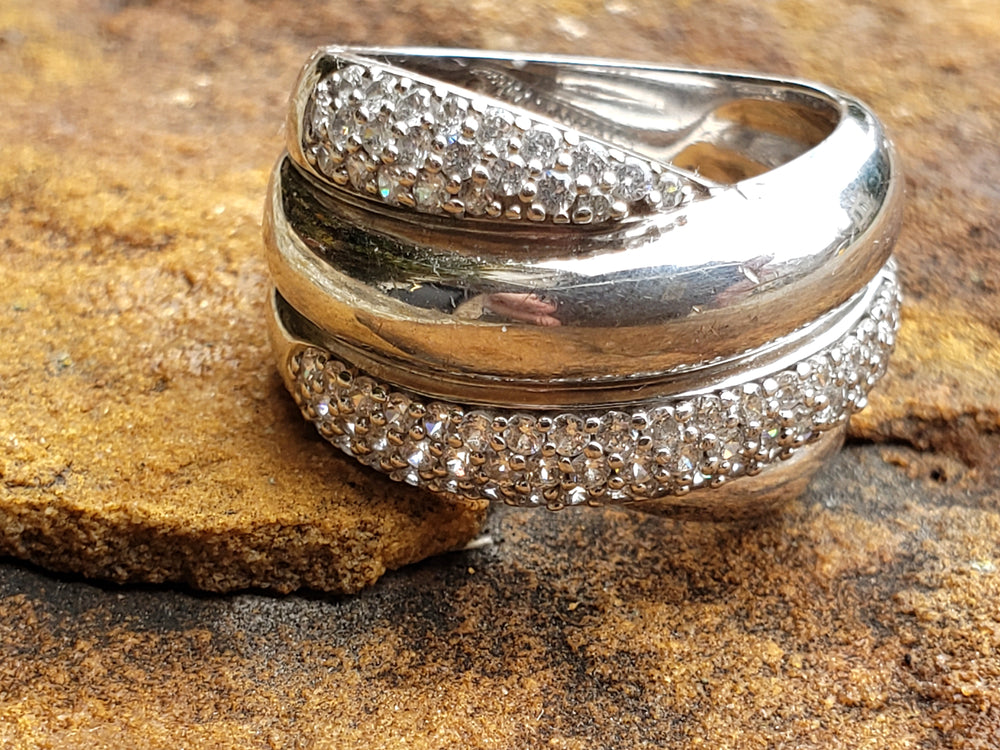 Modern Multi-Band Crossover Ring - Sterling Silver and Cubic Zirconia Shimmering Pave Stones