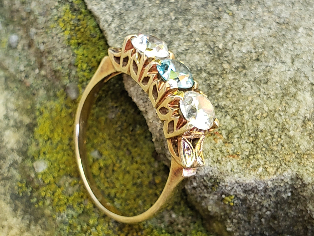 Art Deco Three Stone Ring / Blue Zircon Three stone ring