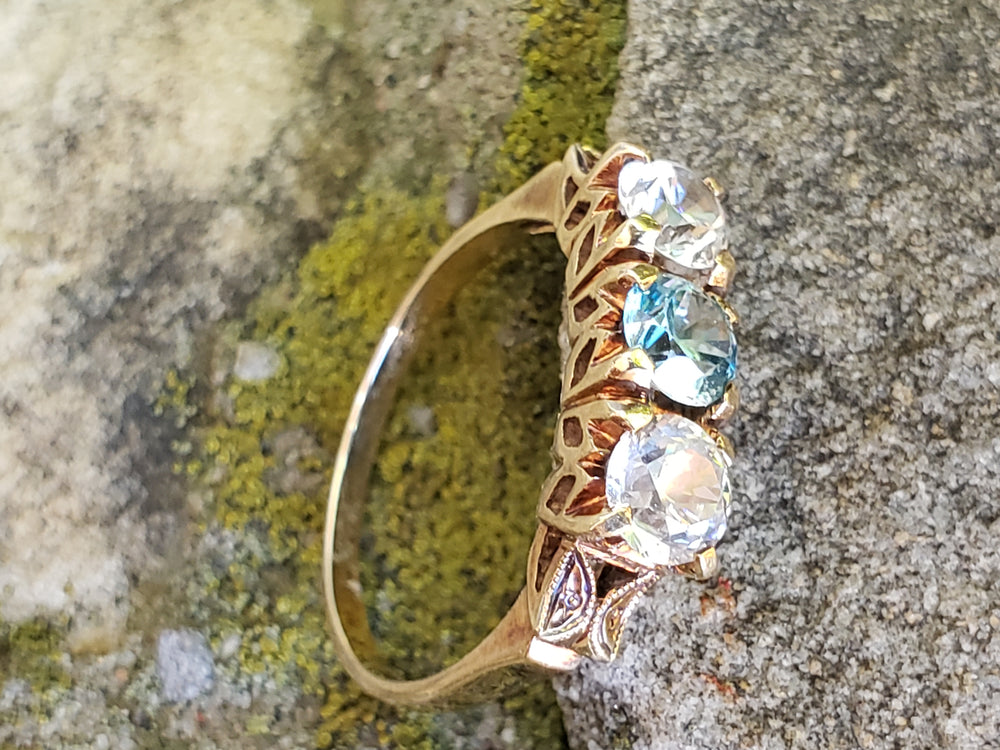 Art Deco Three Stone Ring / Blue Zircon Three stone ring