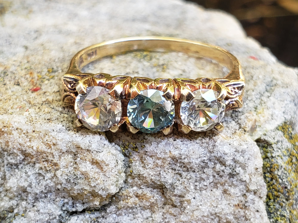 Art Deco Three Stone Ring / Blue Zircon Three stone ring
